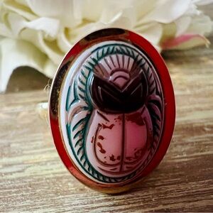 Vintage Rare 60s Whiting & Davis Scarab Ring W Gold Toned Metal Mesh Size 7-8